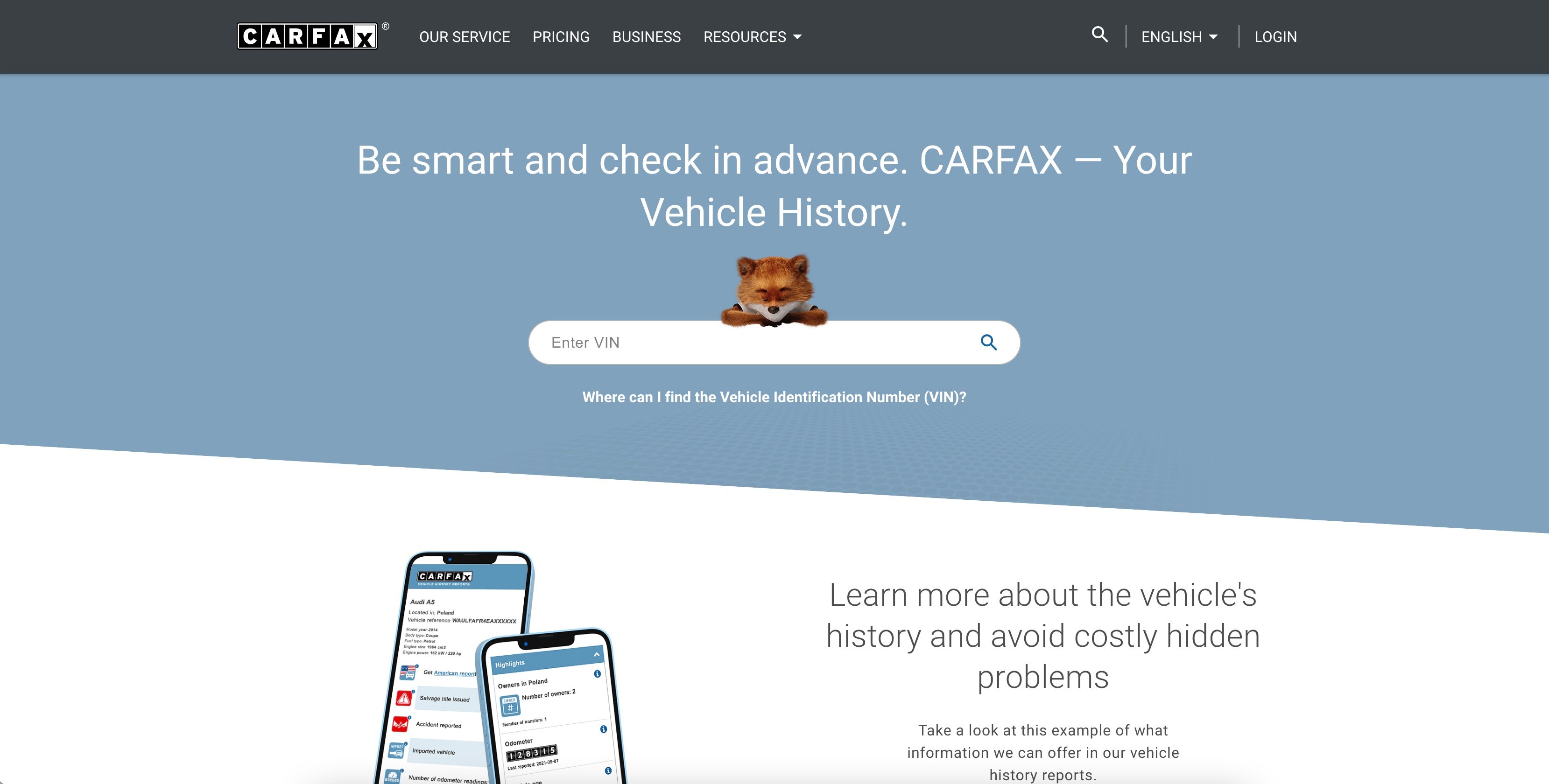 homepage overview of car history website Carfax